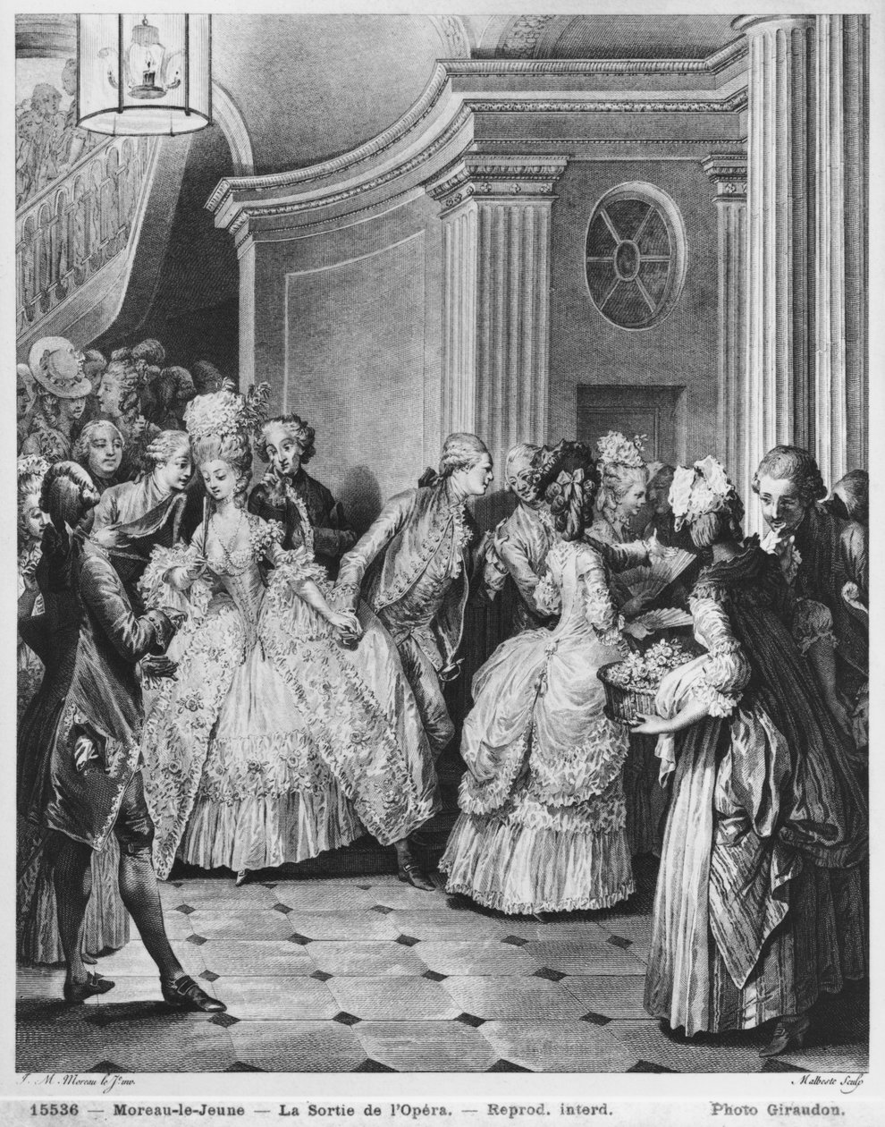 Kommer ut av operaen, gravert av Georges Malbeste eller Malbete (1743-1809) av Jean Michel the Younger Moreau