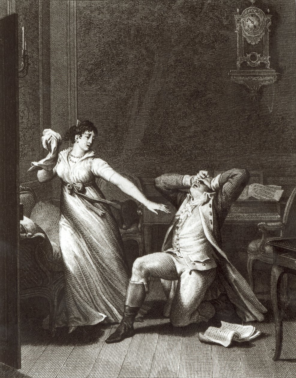Illustrasjon fra 'The Sorrows of Werther' av Johann Wolfgang Goethe (1749-1832) gravert av Jean Baptiste Simonet (1742-1813) av Jean Michel the Younger Moreau