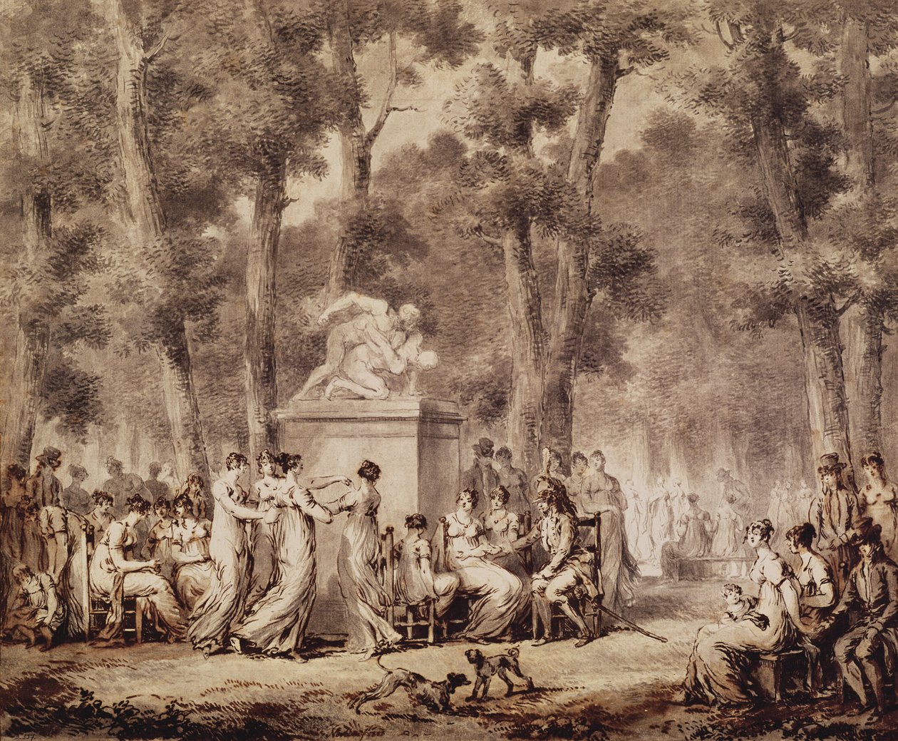 Jardin des Tuileries i 1808 (penn og blekk og bistre i papir) av Jean Pierre Norblin de La Gourdaine