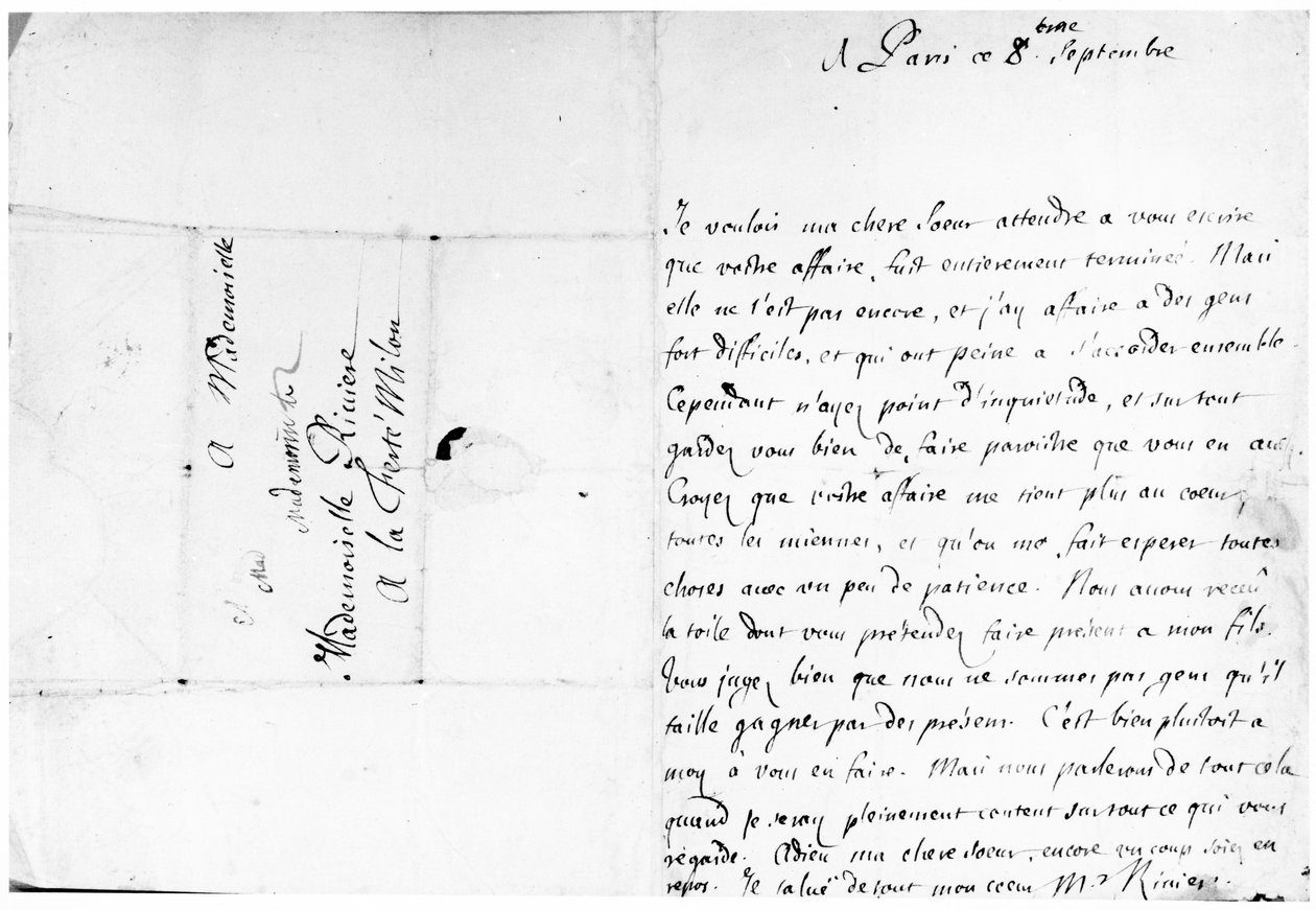 Brev til søsteren hans, Marie, på La Ferté-Milon (penn og blekk på papir) av Jean Racine