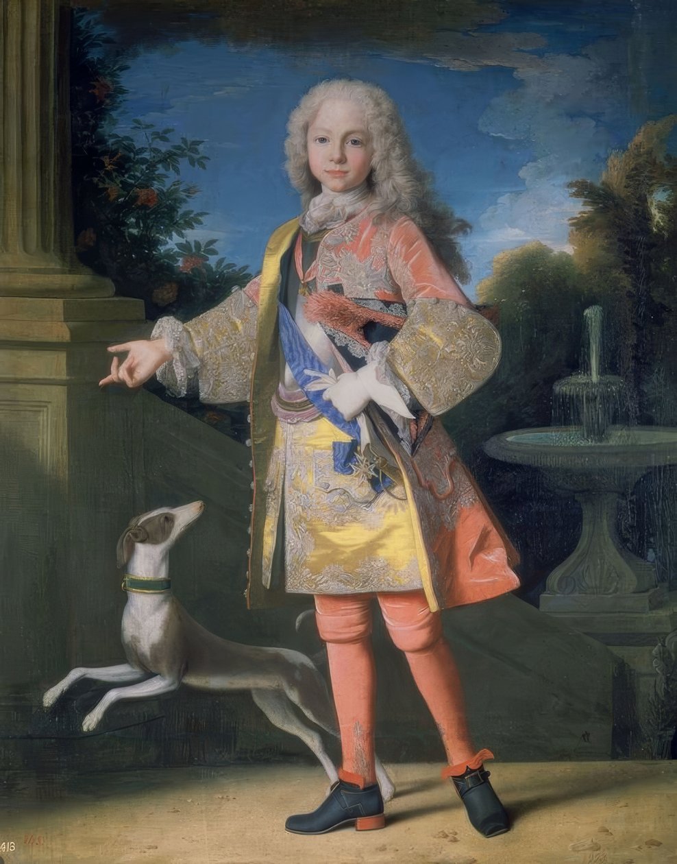 Portrett av Ferdinand av Bourbon, prins av Asturias, ca. 1725–35 - 144 × 116 cm - olje på lerret - Fransk barokk - før restaurering - NP 2333. Kunstner: JEAN RANC. Også kjent som: FERNANDO VI, NIÑO. Sted: MUSEO DEL PRADO-PINTURA, MADRID, SPANIA av Jean Ranc