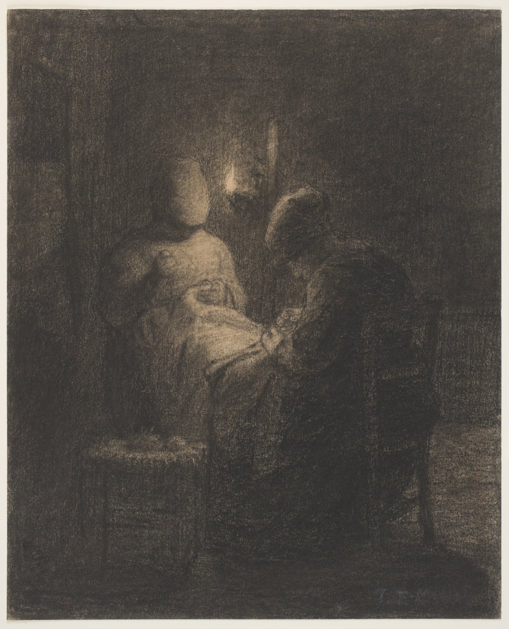 The Vigil (Women Sewing) (kull på papir) av Jean Francois Millet