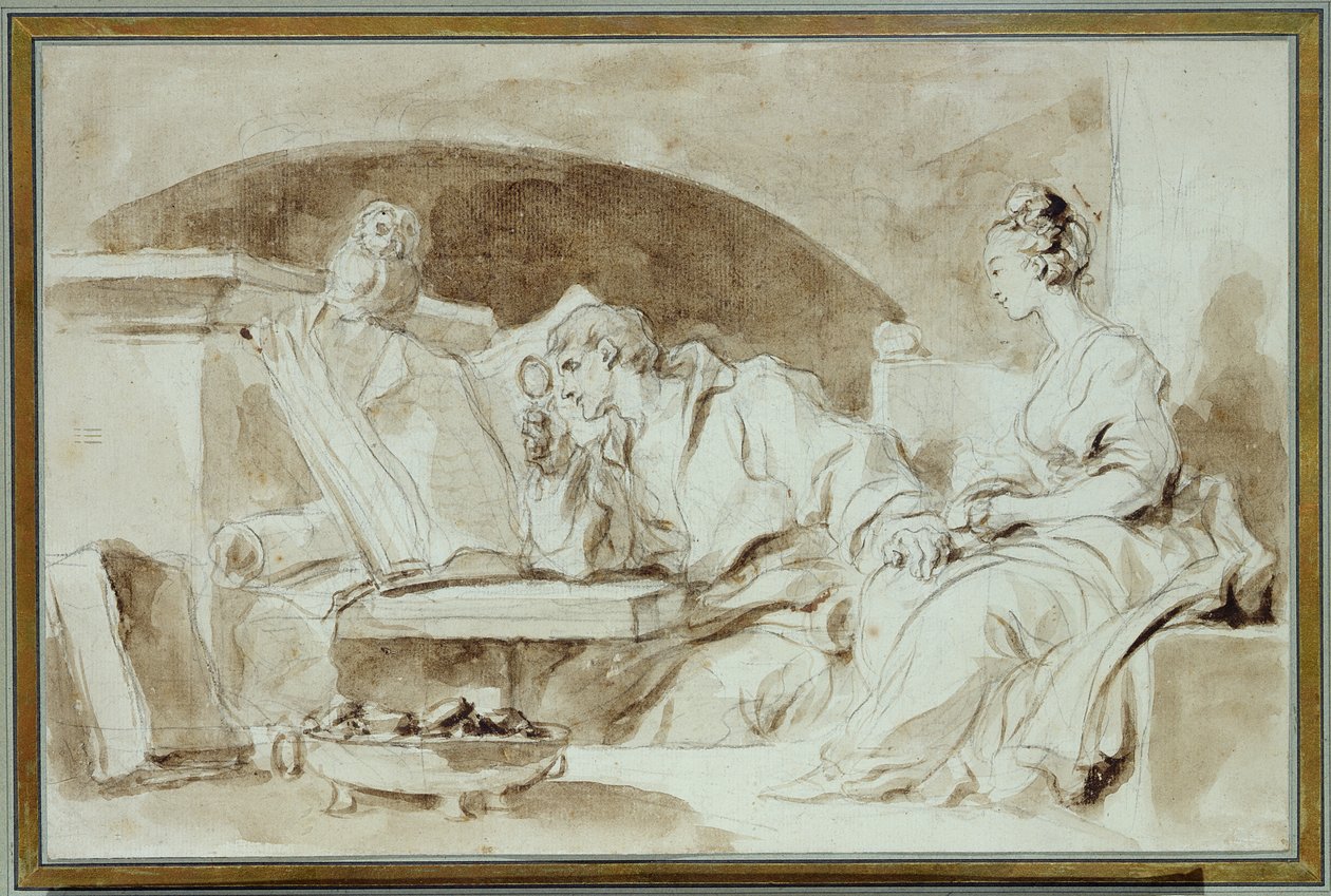 Ung kvinne konsulterer en Necromancer (sepiavask på papir) av Jean Honore Fragonard