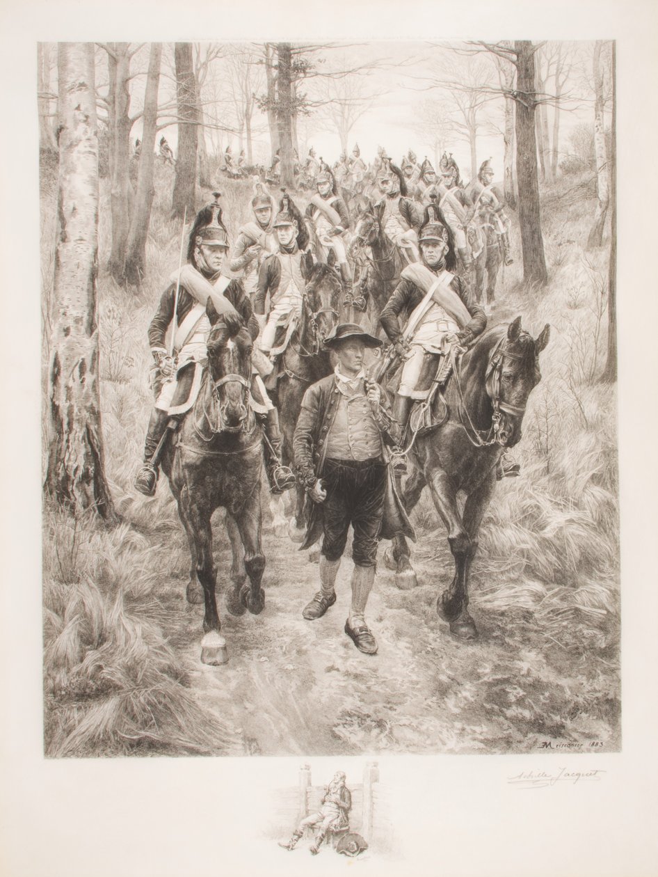 Fransk kavaleri som reiser gjennom skogen med guide, gravert av Achilles Jacquet (1846-1908) av Jean Louis Ernest Meissonier