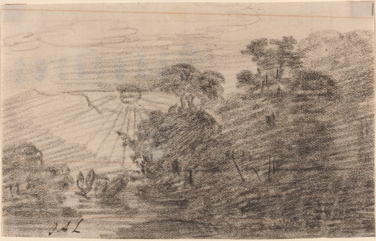 Solnedgang over en fjellsjø av Jean Antoine Linck