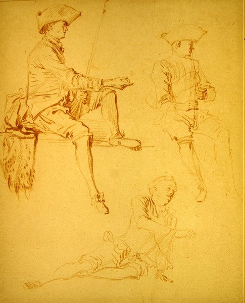 Figurstudier (rødt kritt på papir) av Jean Antoine Watteau