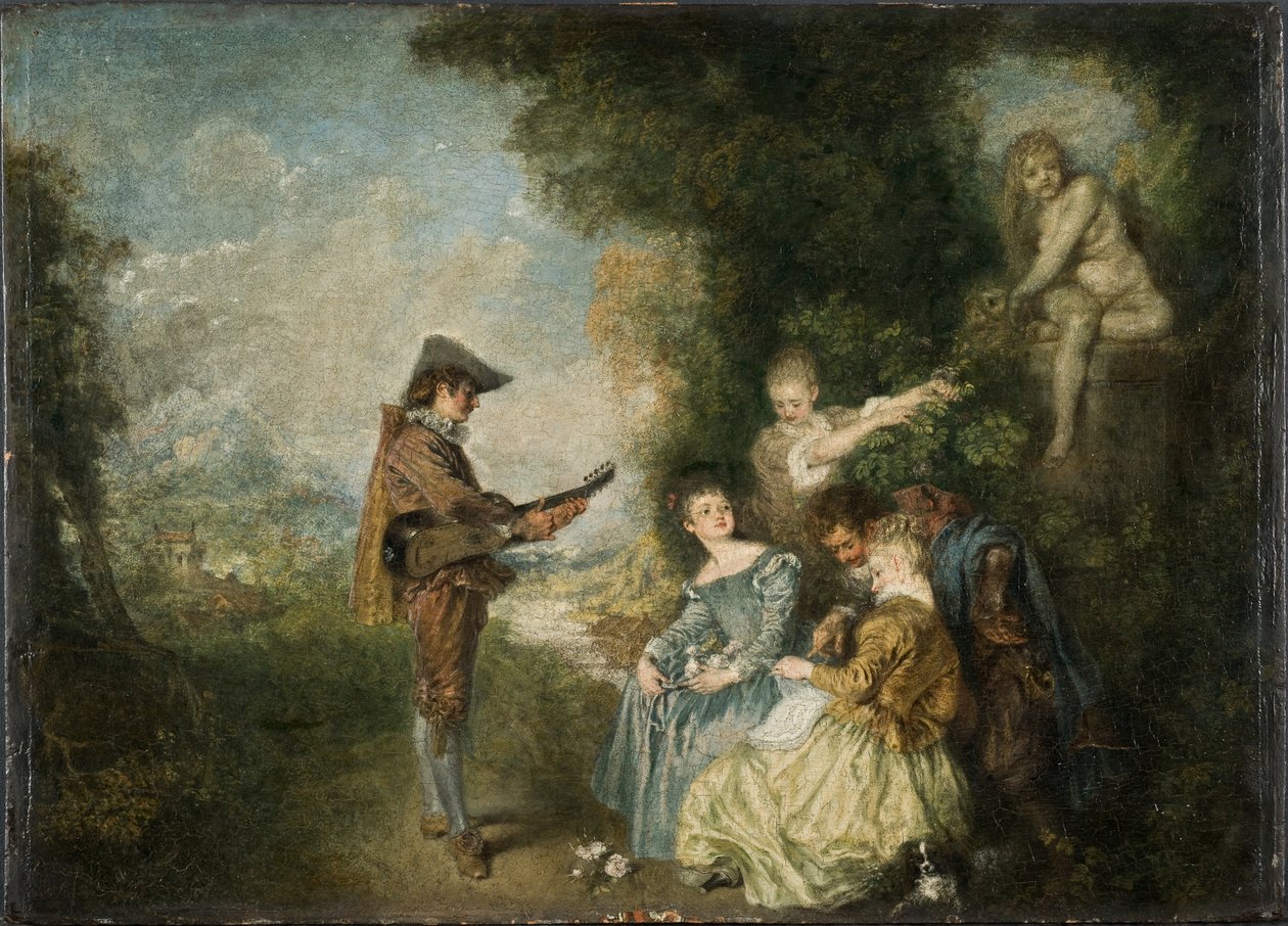 The Love Lesson (olje på panel) av Jean Antoine Watteau