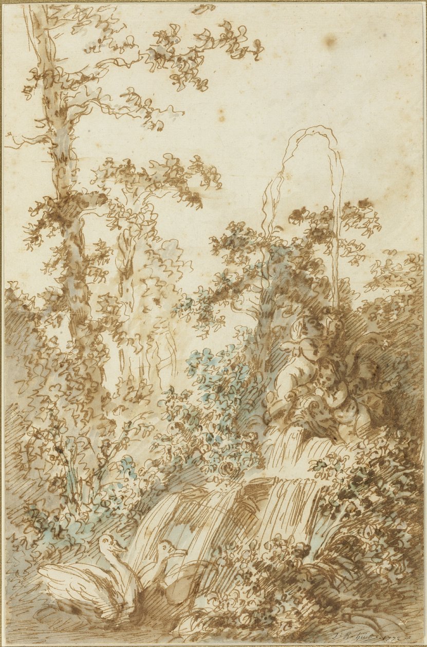Capriccio med fontene og boltrende svaner av Jean Baptiste Huet