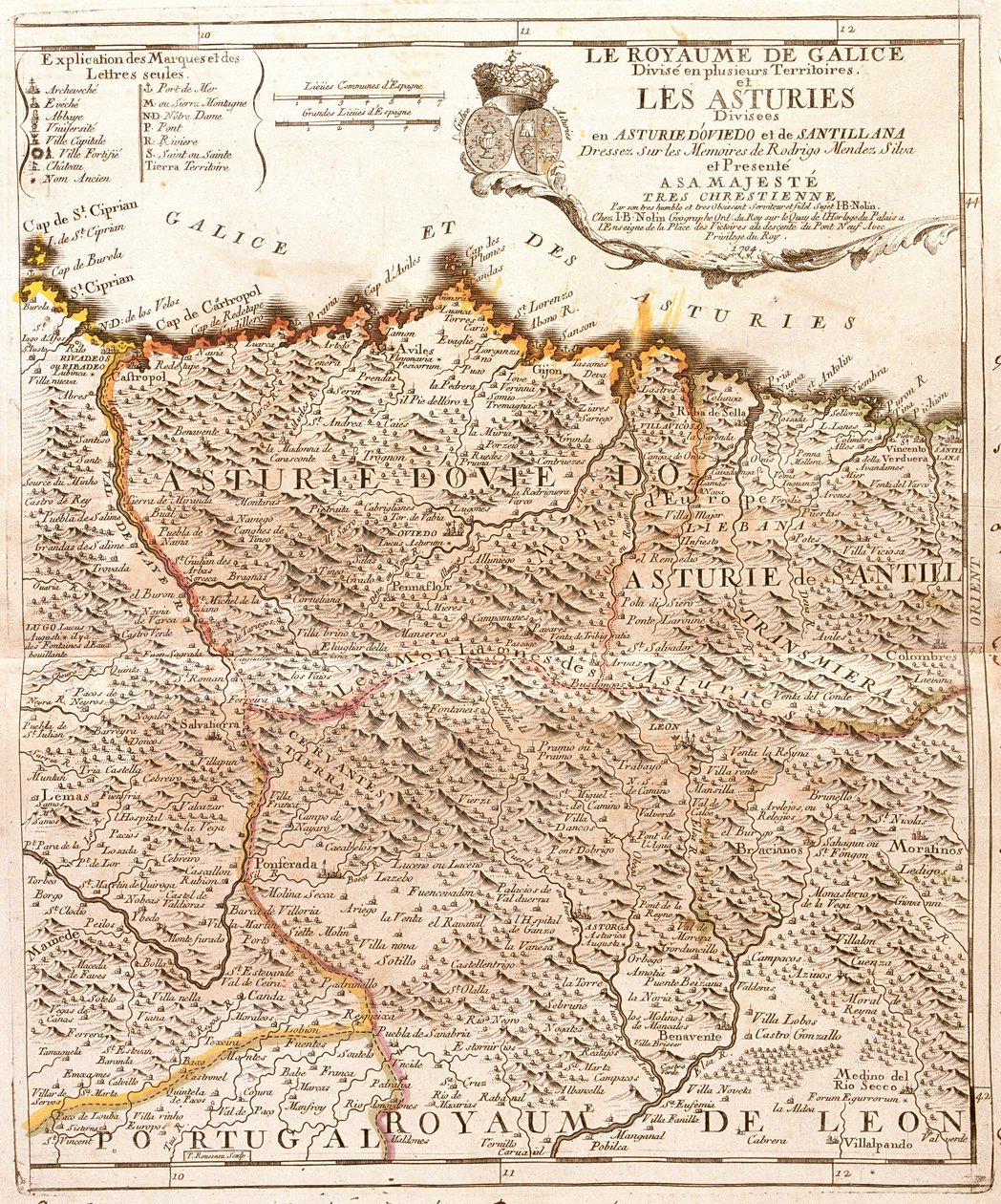 Kart over Asturias (Spania) (Gravering av Jean Baptiste Nolin
