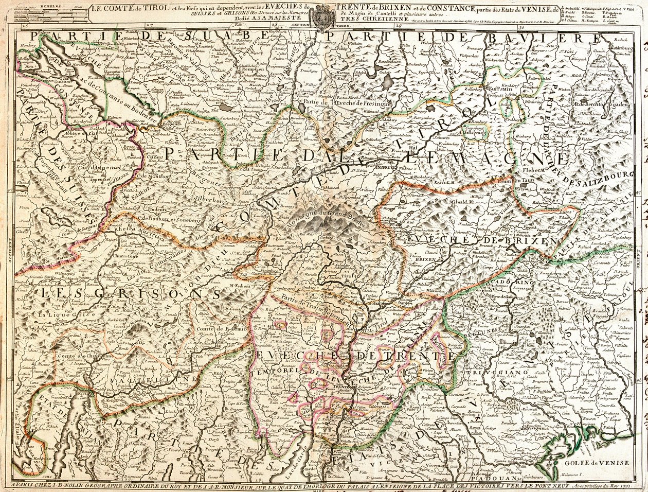 Kart over Tyrol-provinsen (Tyskland) (Gravering av Jean Baptiste Nolin