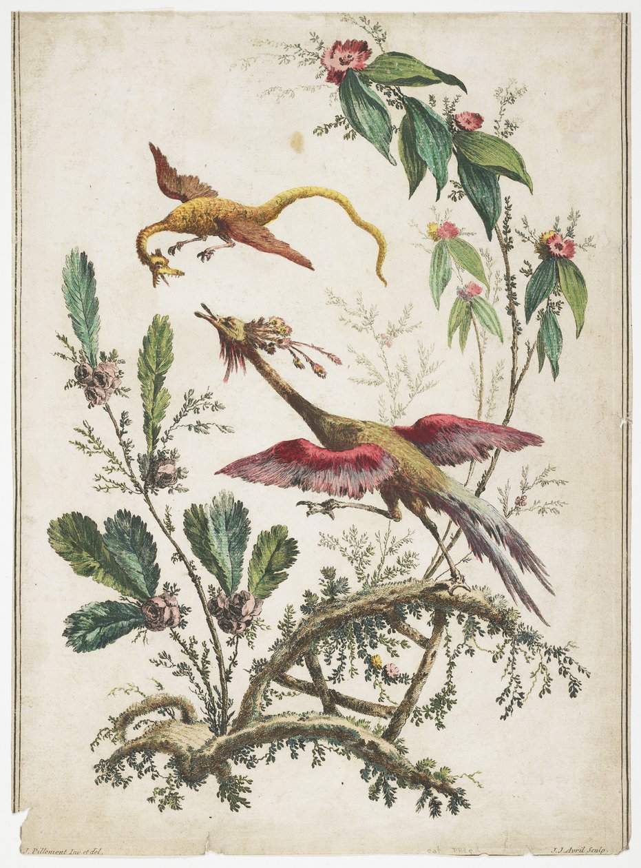 Ornament. Chinoiserie. Blomster og fugler., 1770 av Jean Baptiste Pillement