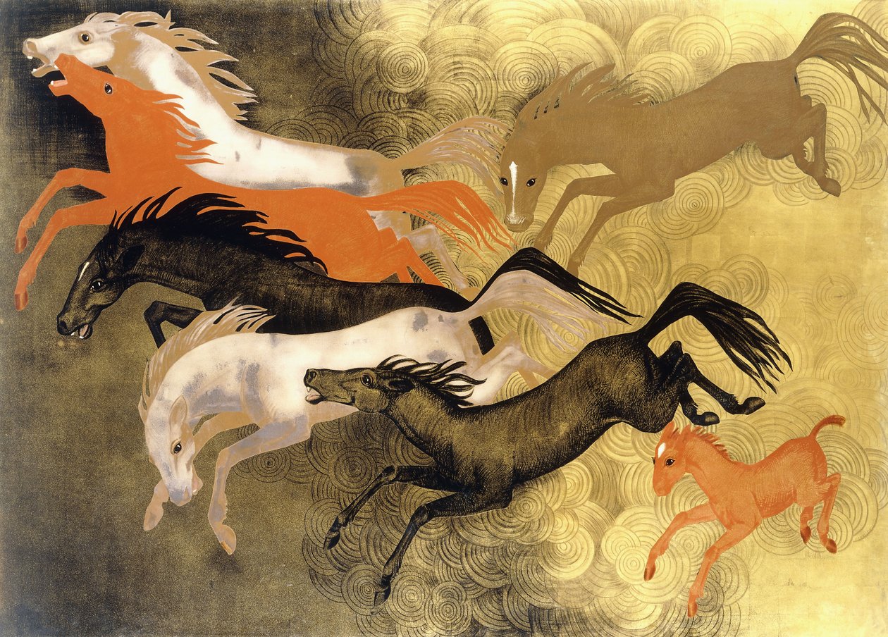 Prancing Horses, ca. 1950 (lakkert tre) av Jean Dunand