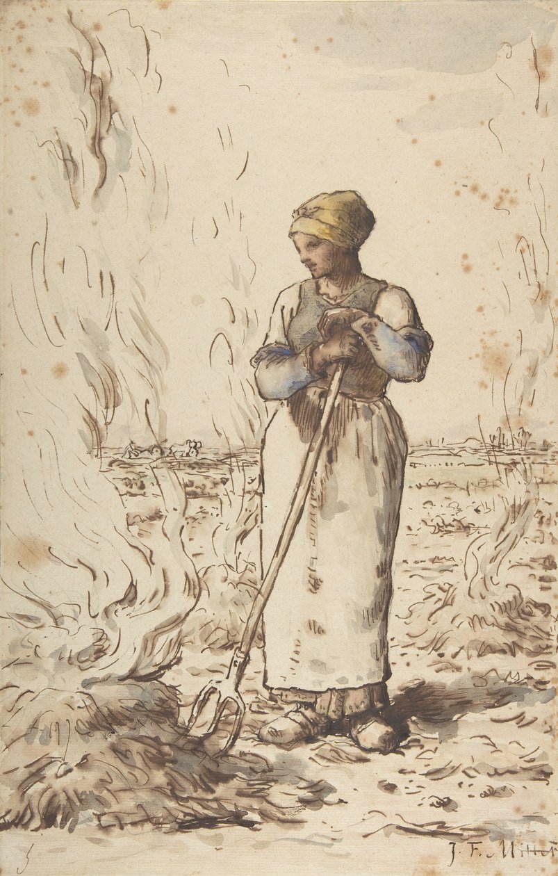 En kvinne brenner ugress, 1830-75 av Jean Francois Millet