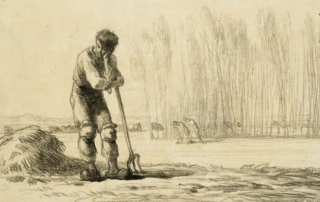 Bonde lener seg på en høygaffel, av Jean Francois Millet