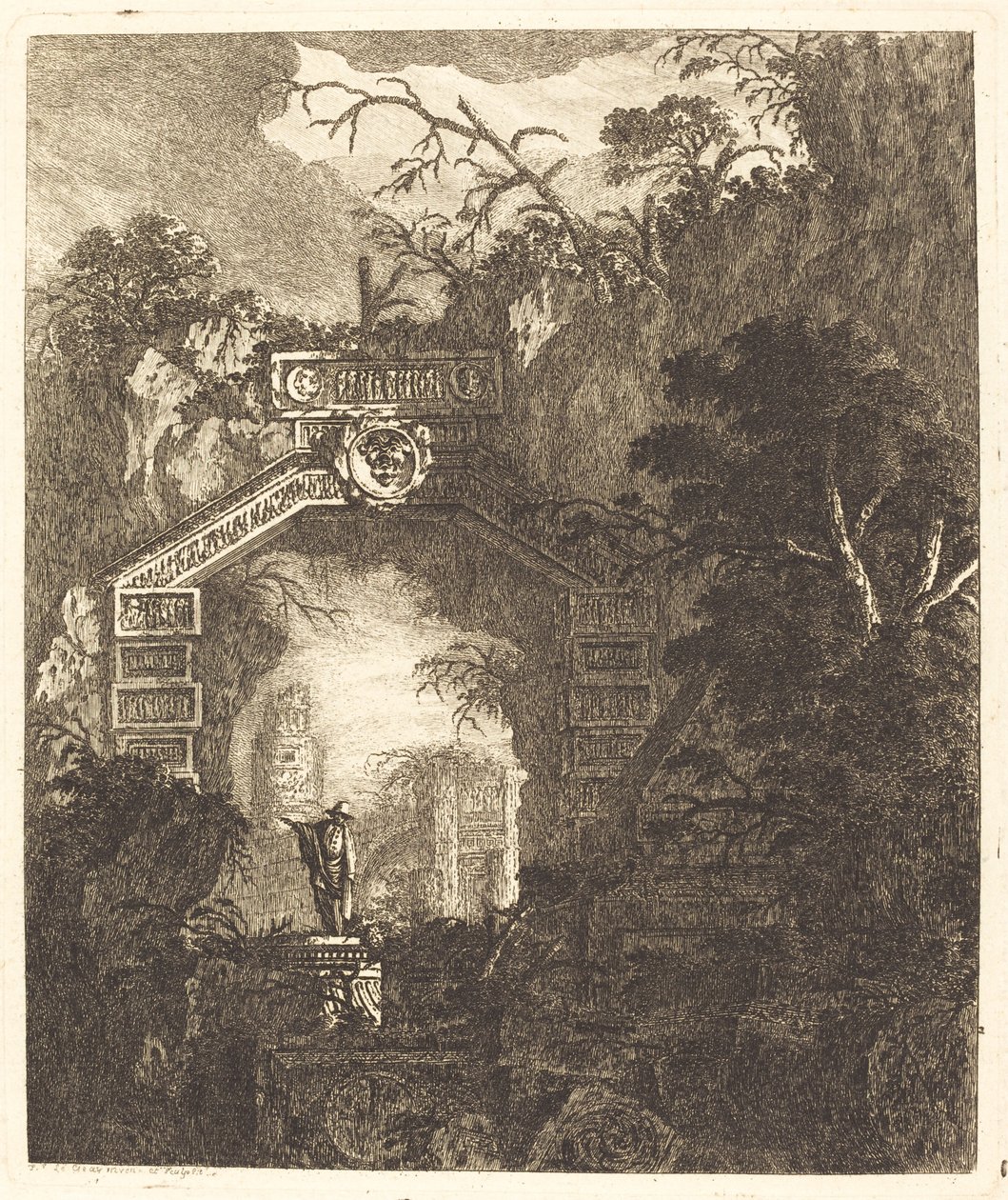 Figur stående under en steinbue av Jean Laurent Legeay