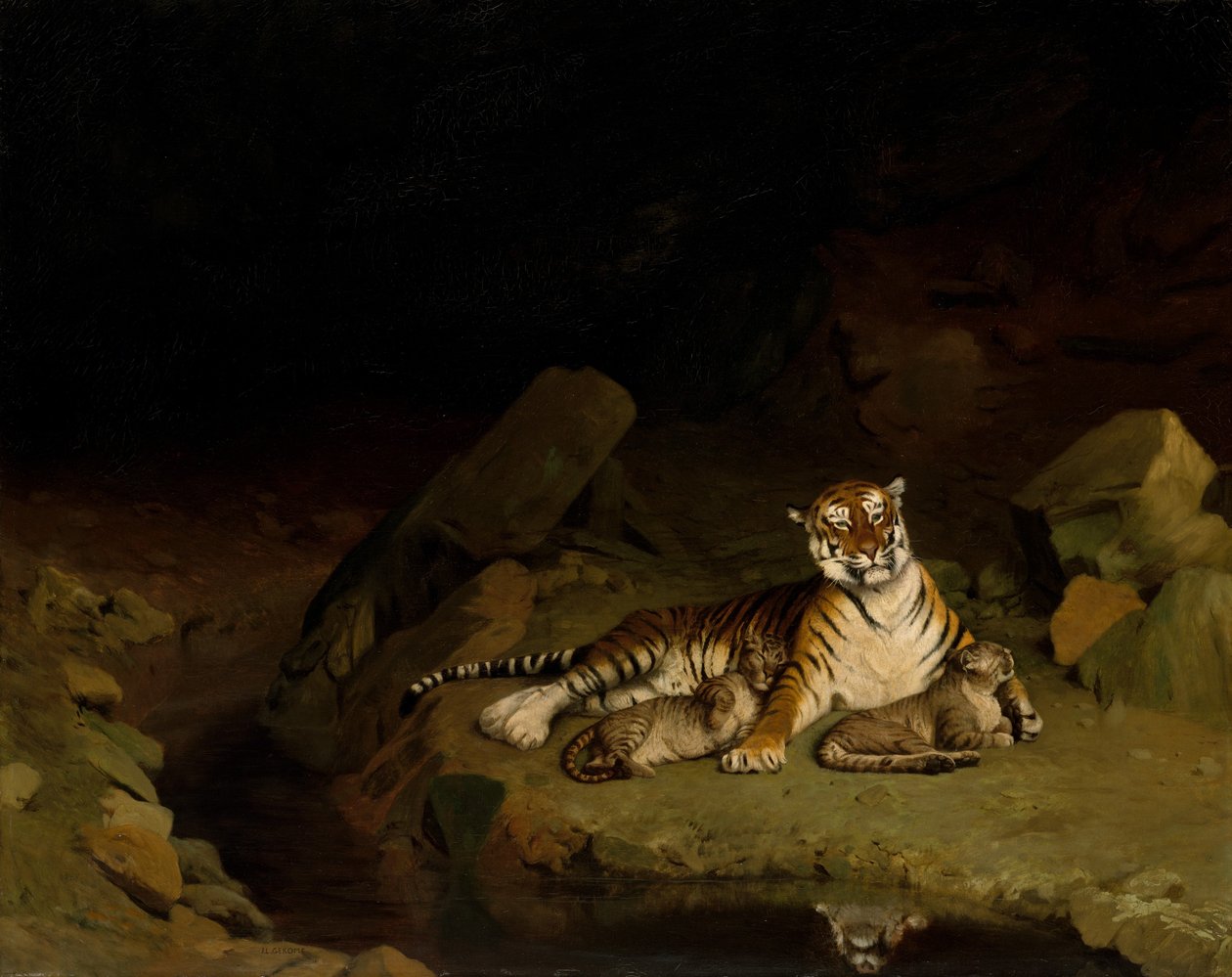 Tiger og unger, ca. 1884. av Jean Leon Gerome