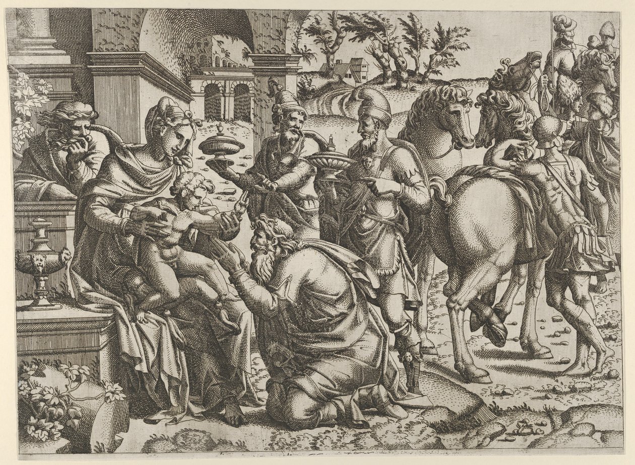 Tilbedelse av magi, ca. 1545. av Jean Mignon