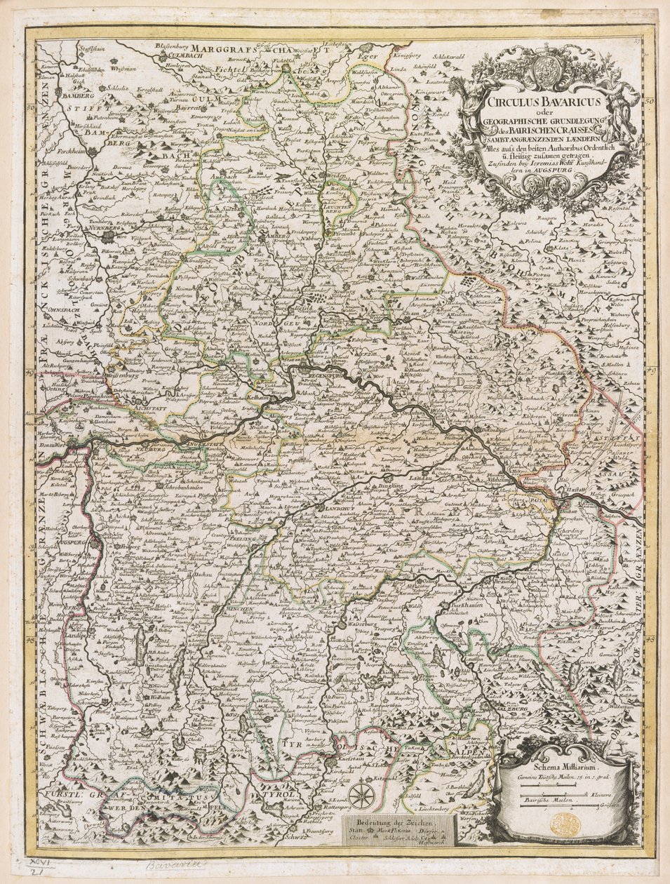 Kart over Bayern, ca. 1695 (farget gravering) av Jeremias Wolff