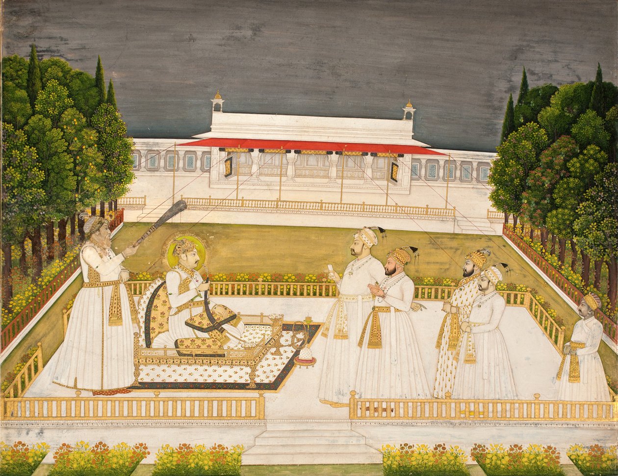 Muhammad Shah tronet på en terrasse om natten med sine offiserer, ca. 1735 (ugjennomsiktig wc og gull på papir) av Jharokha Nidha Mal