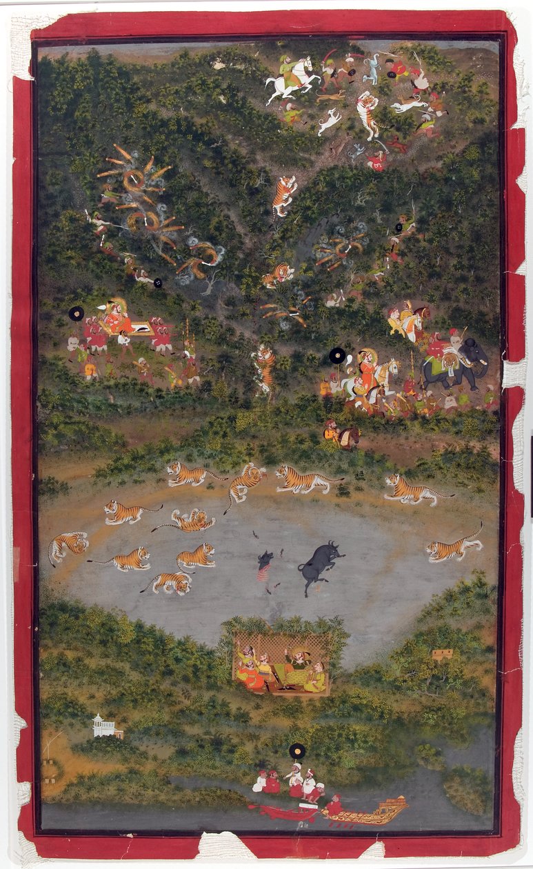 Maharana Jagat Singh II jakttiger, 1749 (ugjennomsiktig wc og gull på papir) av Jiva