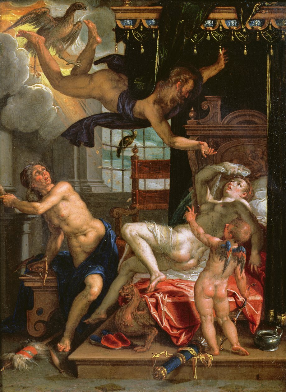 Jupiter og Danae (olje på kobber) av Joachim Wtewael or Utewael