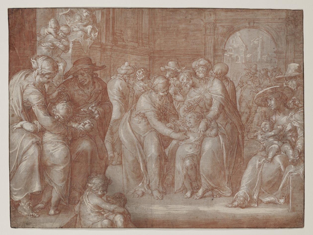 La de små barna komme til meg, ca. 1621 (rødt kritt over svart kritt, forhøyet med hvitt på papir) av Joachim Wtewael or Utewael