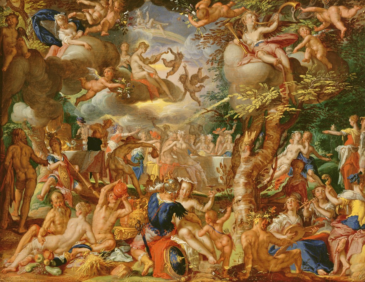 Bryllupet til Amor og Psyke (olje på kobber) av Joachim Wtewael or Utewael