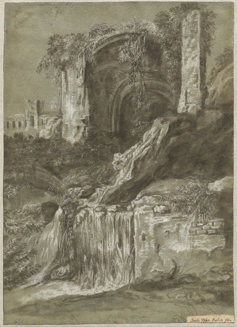 En foss med ruiner (verso) av Joachim Franz Beich
