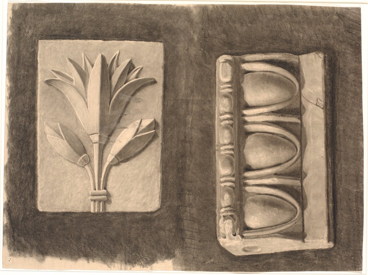 Tegning etter gips. To ornamentale fragmenter av Joakim Frederik Skovgaard