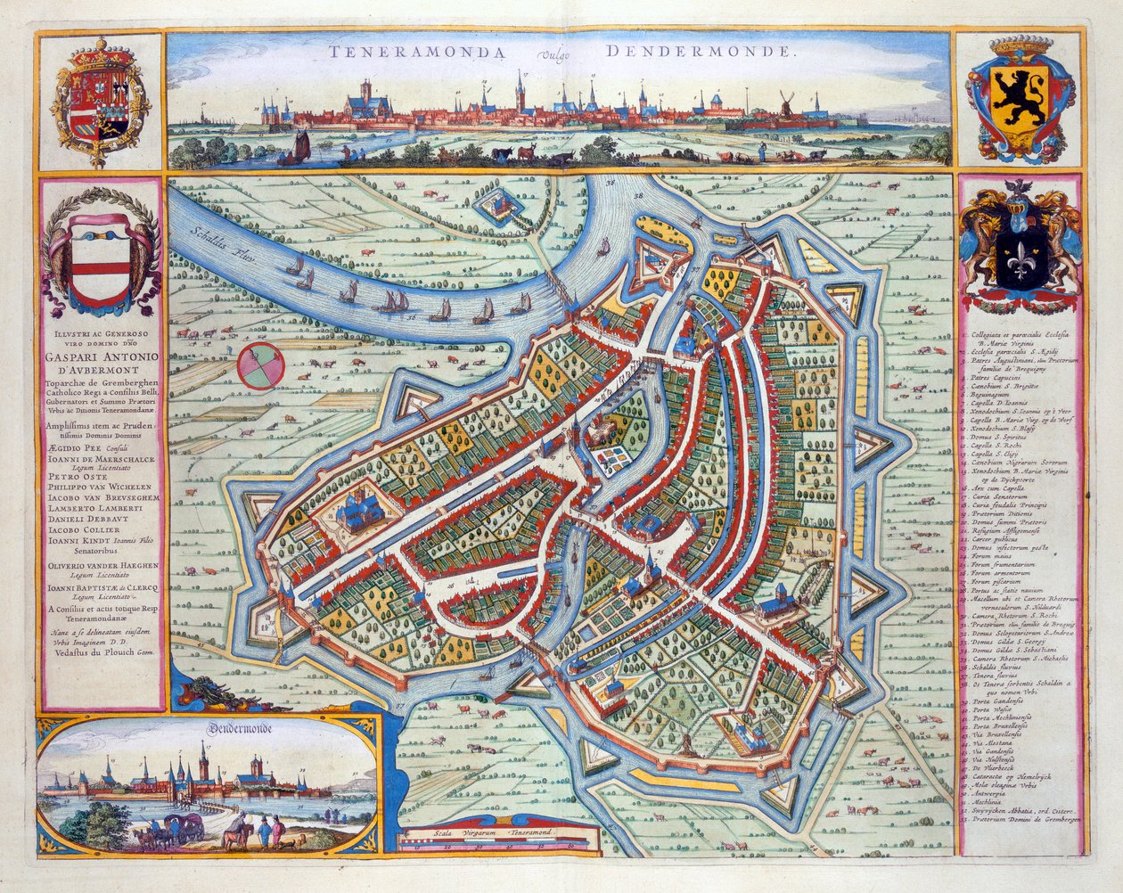 Dendermonde, 1649 (håndfarget gravering) av Joan Blaeu