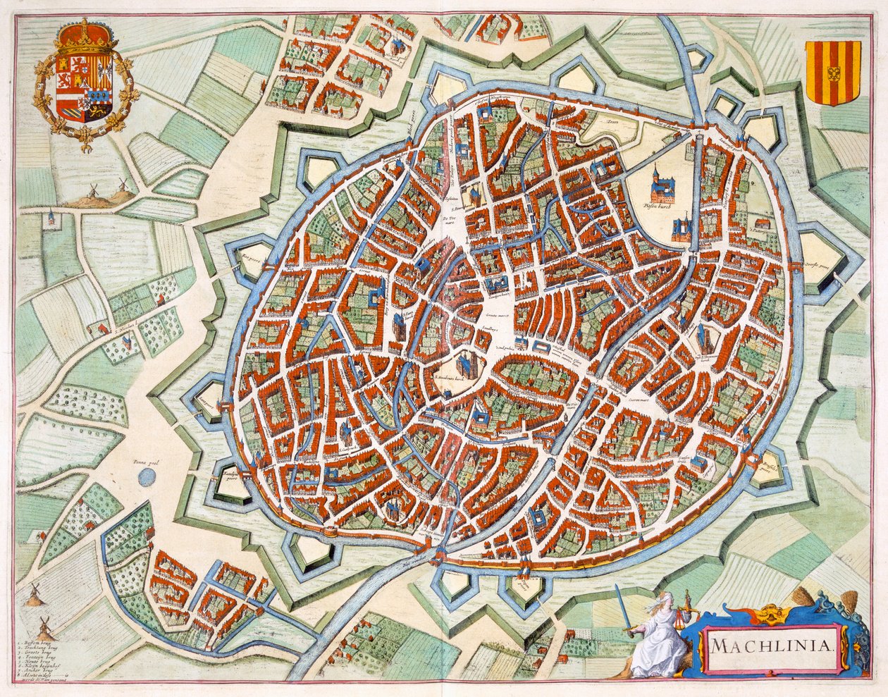 Mechelen, 1649 (håndfarget gravering) av Joan Blaeu