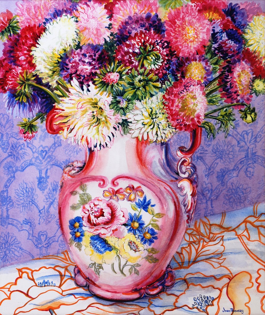 Asters in a Pink Floral Victorian Jug 2002(wc på papir) av Joan Thewsey