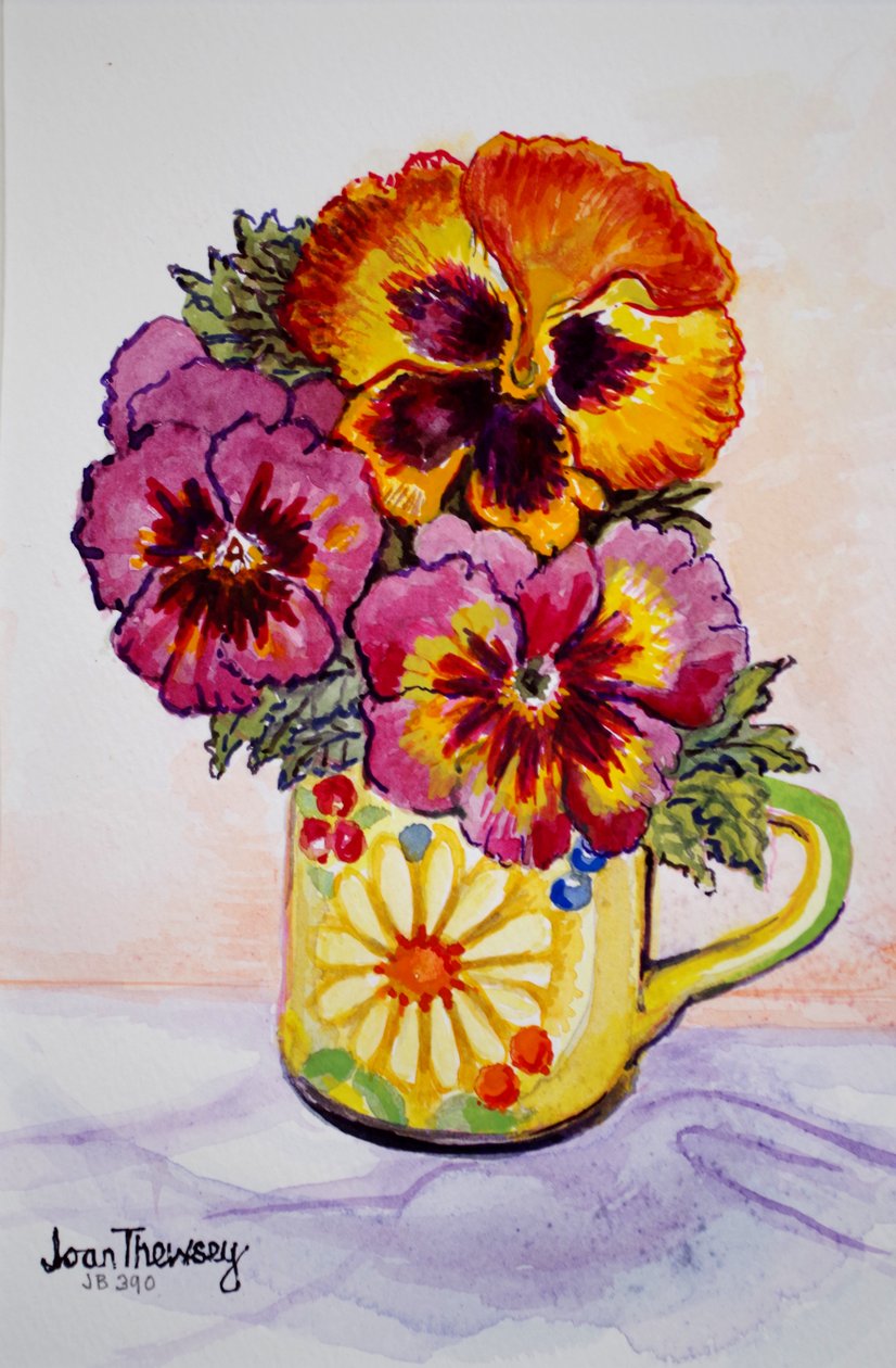 Stemorblomster i et mønstret krus, 2015, (vannfarge) av Joan Thewsey