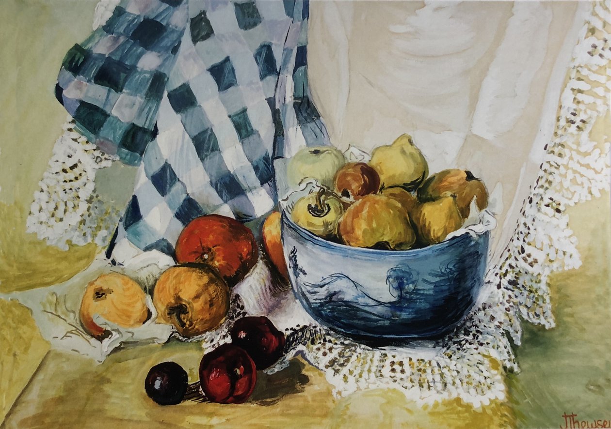Stilleben med en blå skål, epler, pærer, tekstiler og blonder, (gouache) av Joan Thewsey