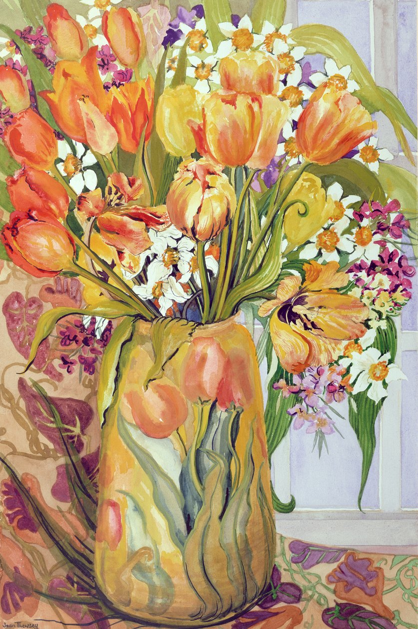Tulipaner og narcissi i jugendvase av Joan Thewsey