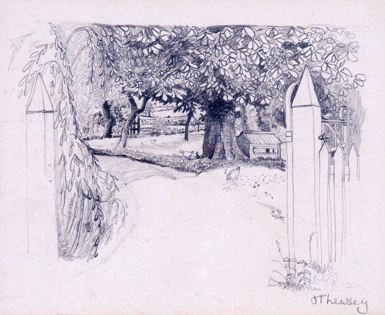 Gateway to the Farmhouse, 2000, blyant av Joan Thewsey