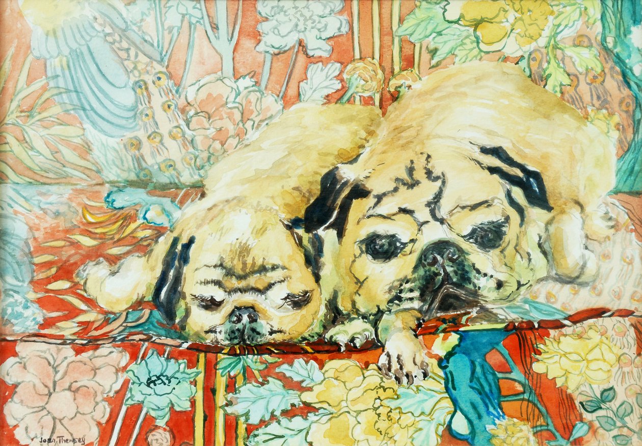 Mops på en kinesisk printsofa, 2000, av Joan Thewsey