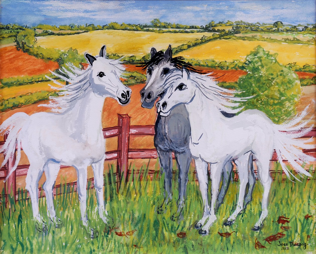 Three Frisky Horses, 2002, (gouache) av Joan Thewsey