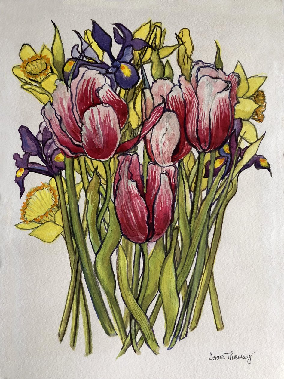 Tulipaner, påskeliljer og iris av Joan Thewsey