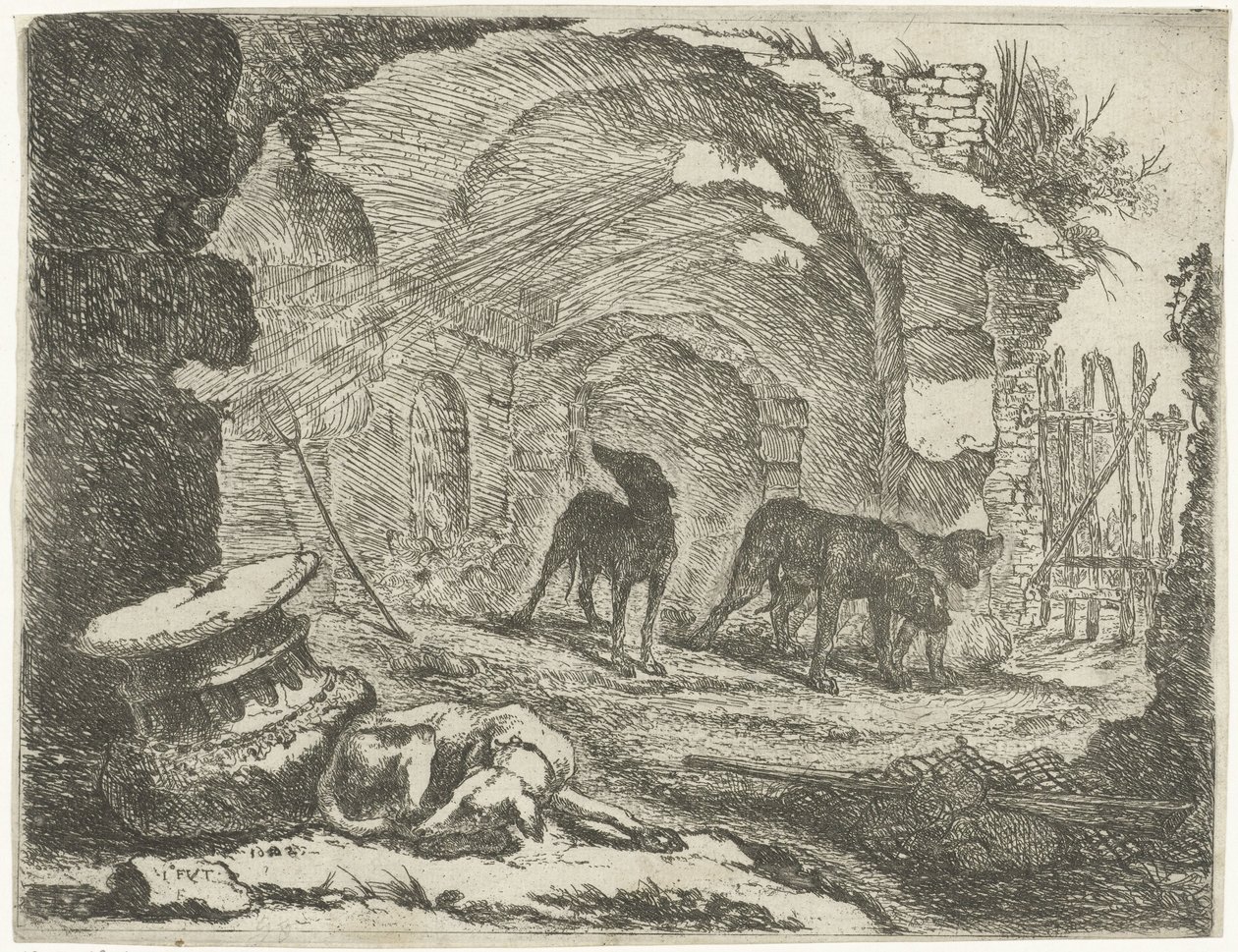 Fire hunder ved en ruin Hunder (serietittel) av Joannes Fijt