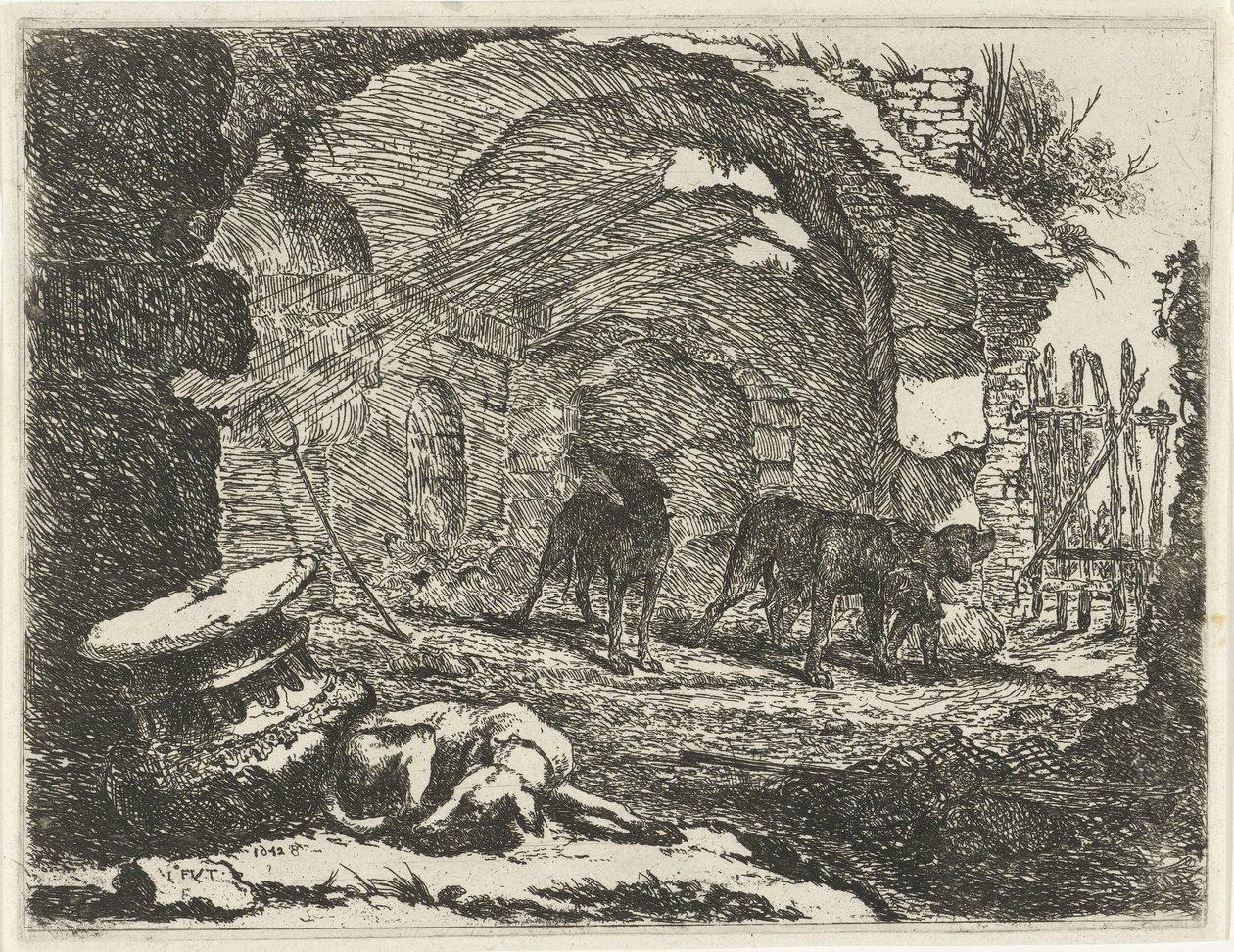 Fire hunder ved en ruin Hunder (serietittel) av Joannes Fijt