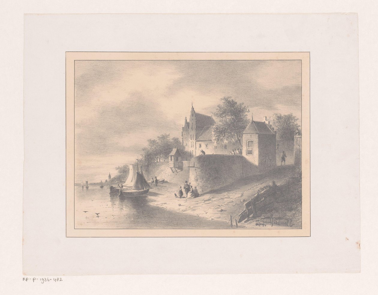 Bybilde ved en elv av Joannes van Liefland (attributed to)
