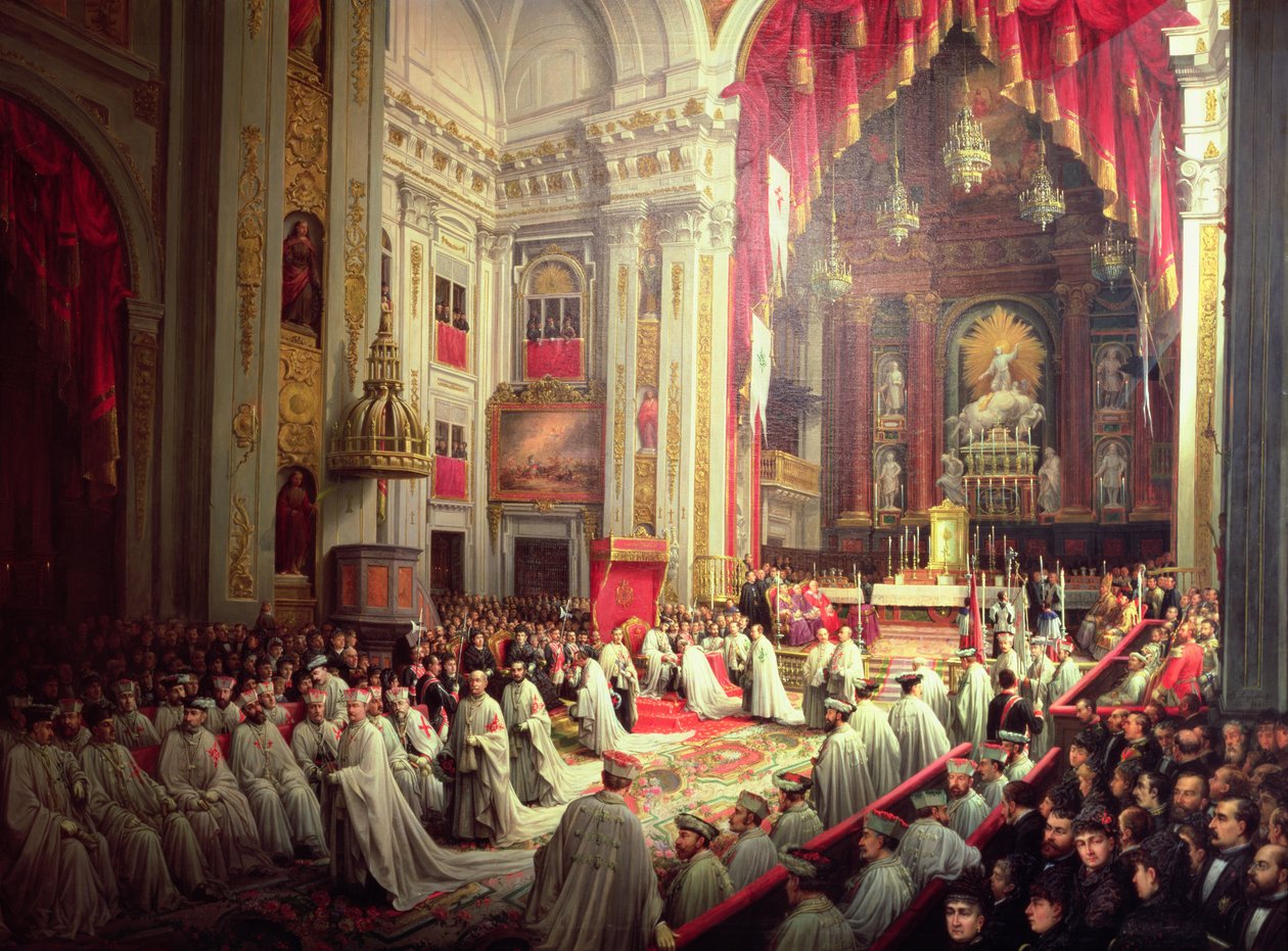 Investitur av kong Alfonso XII (1857-85) som stormester for de militære ordener av Joaquin Siguenza
