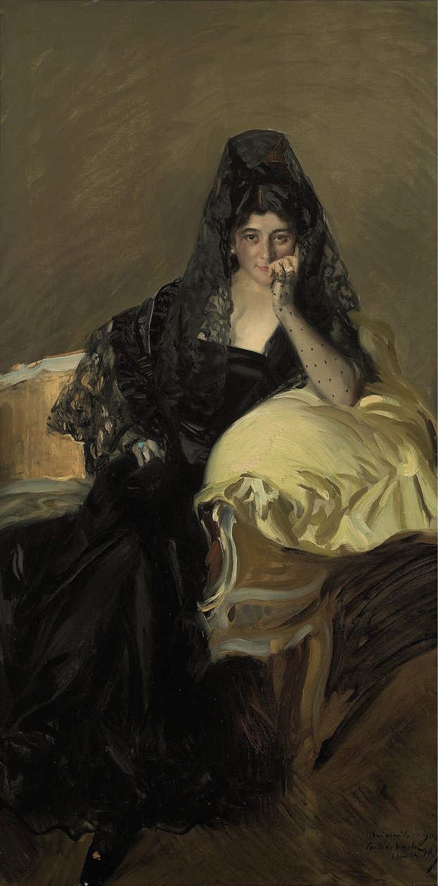 Portrett av Lady of Urcola iført en svart mantilla av Joaquín Sorolla