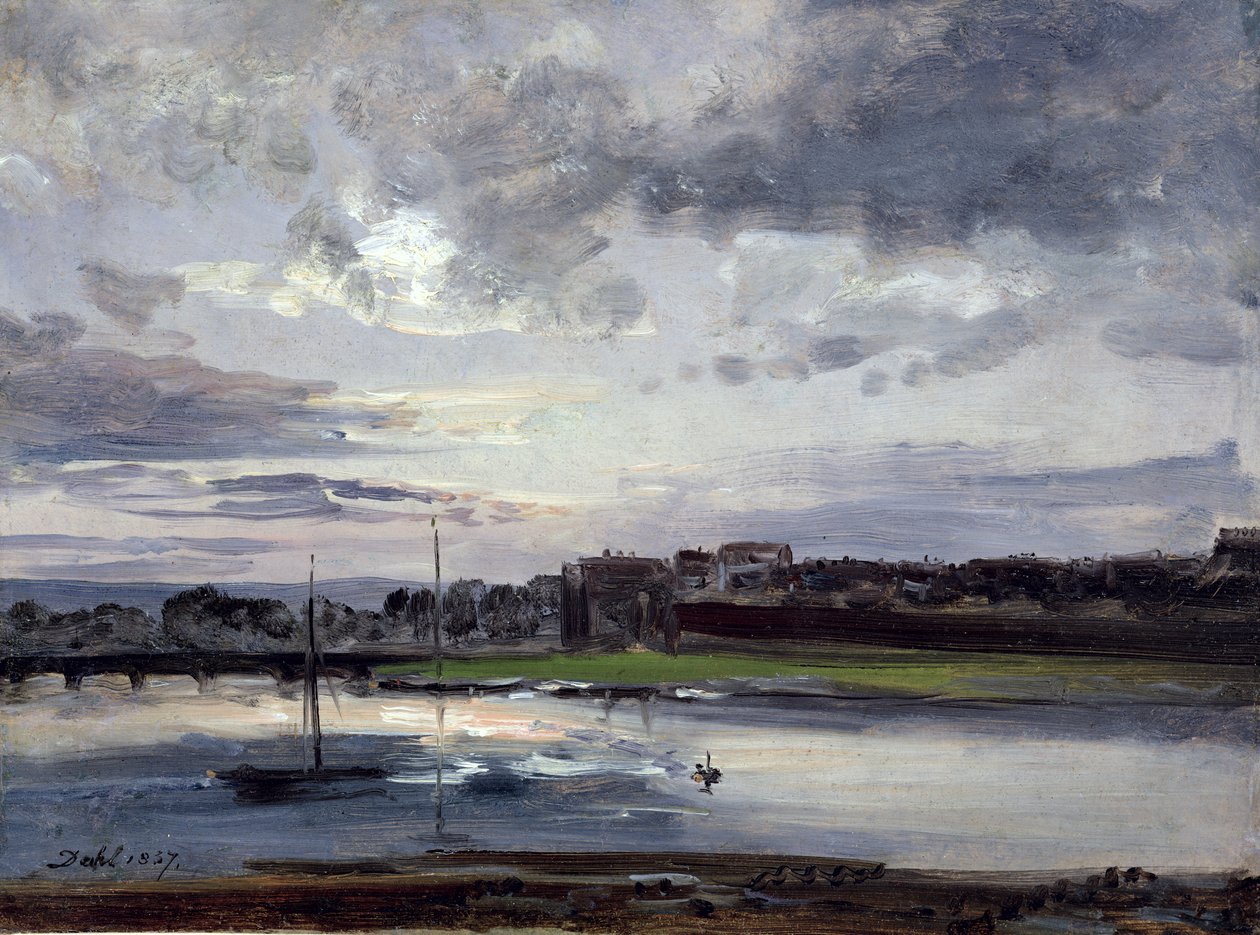 Elben og den nye byen, Dresden, i kveldslyset, 1837 (olje på papir) av Johan Christian Dahl