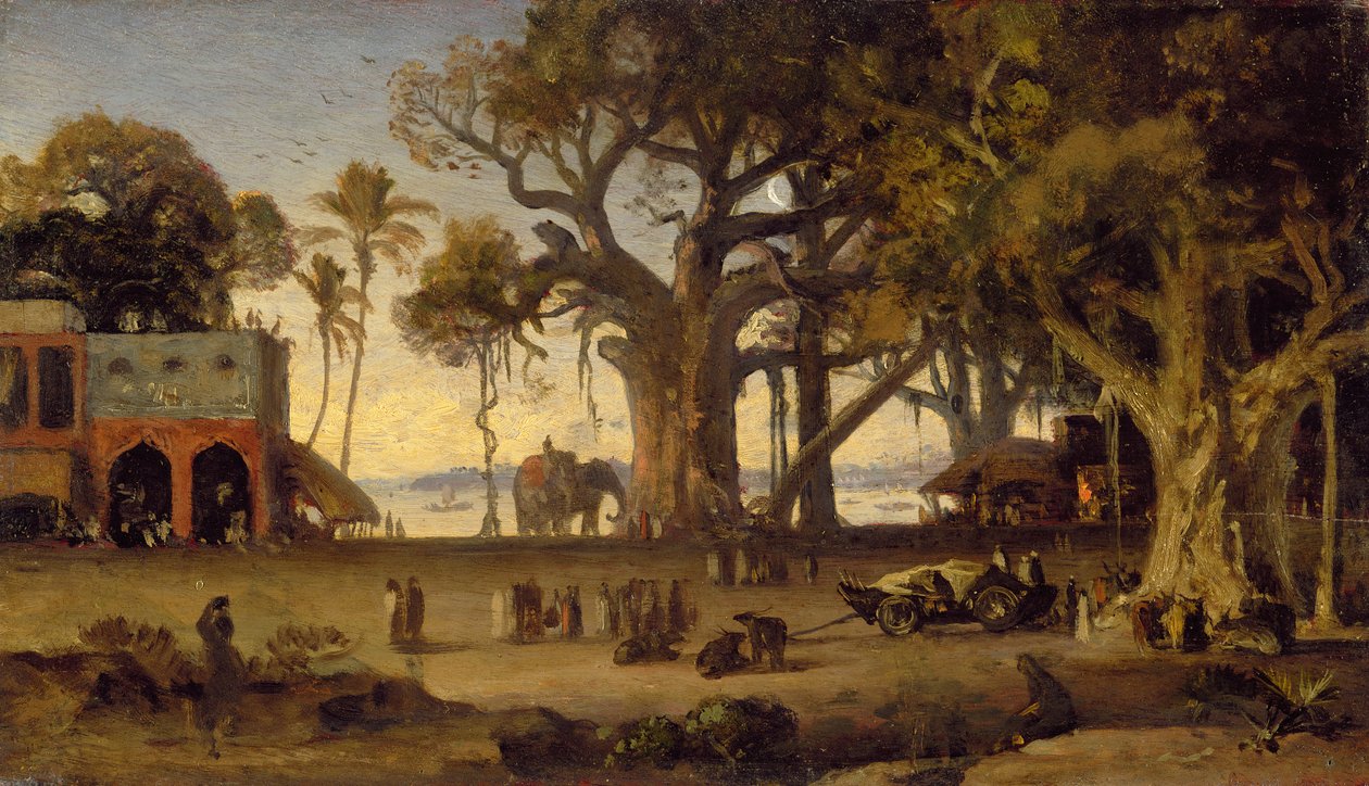 Månebelyst scene med indiske figurer og elefanter blant Banyan-trær, Øvre India (sannsynligvis Lucknow) (olje på indisk hardtrepanel) av Johan Joseph Zoffany