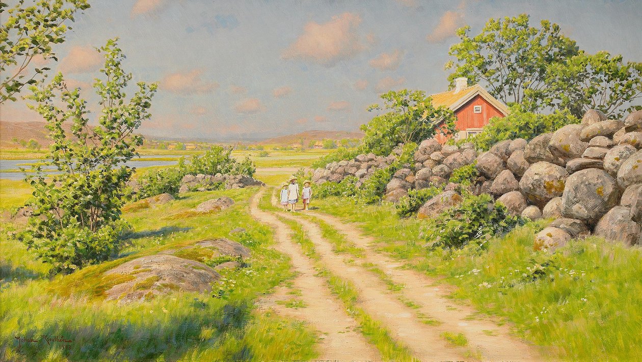 Sommerlandskap med vandrende barn av Johan Fredrik Krouthen