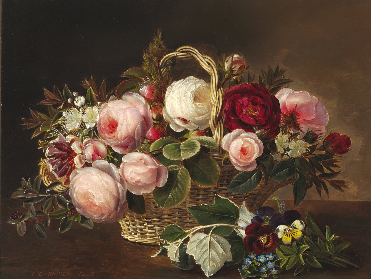 Roser og sommerblomster i kurv på en karm av Johan Laurentz Jensen