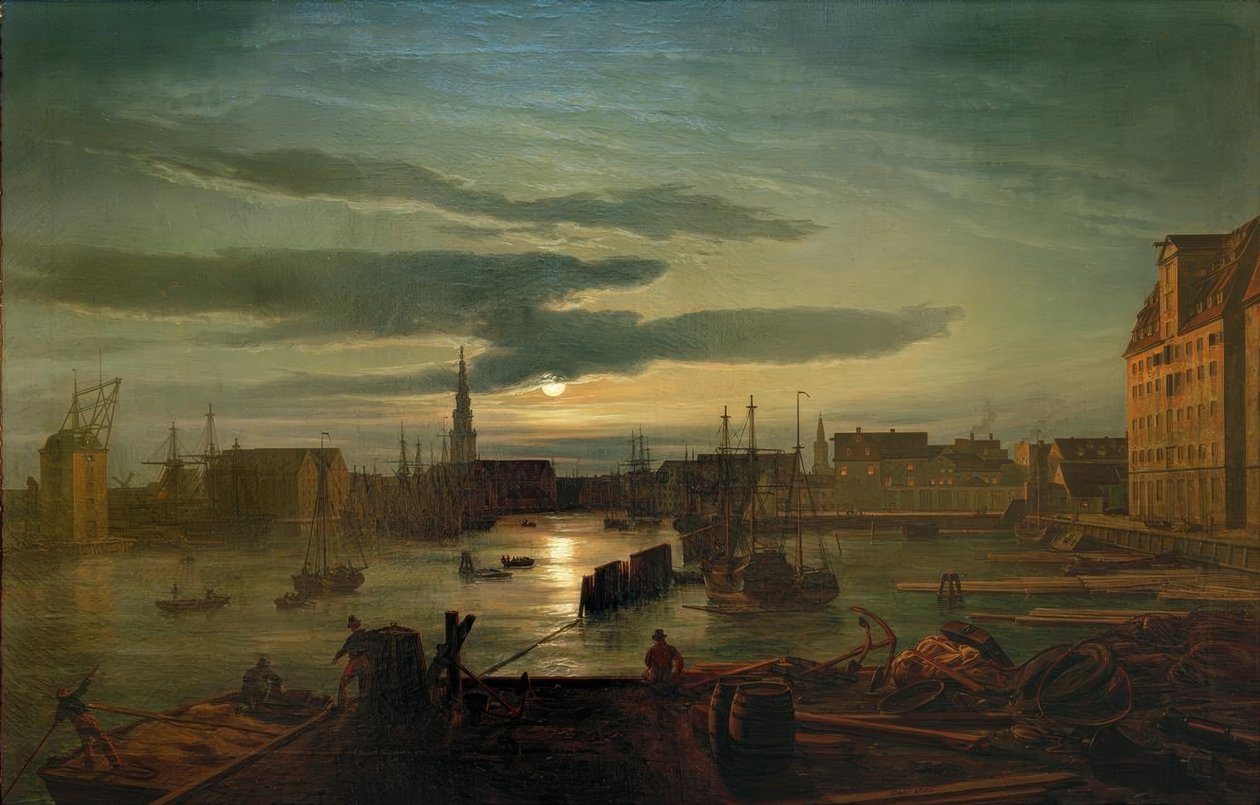 Københavns havn i måneskinnet av Johan Christian Dahl