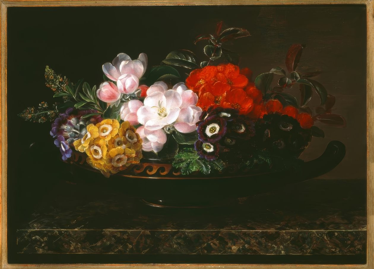 J.L. Jensen, Stilleben med blomster i en antikk skål av Johan Laurentz Jensen